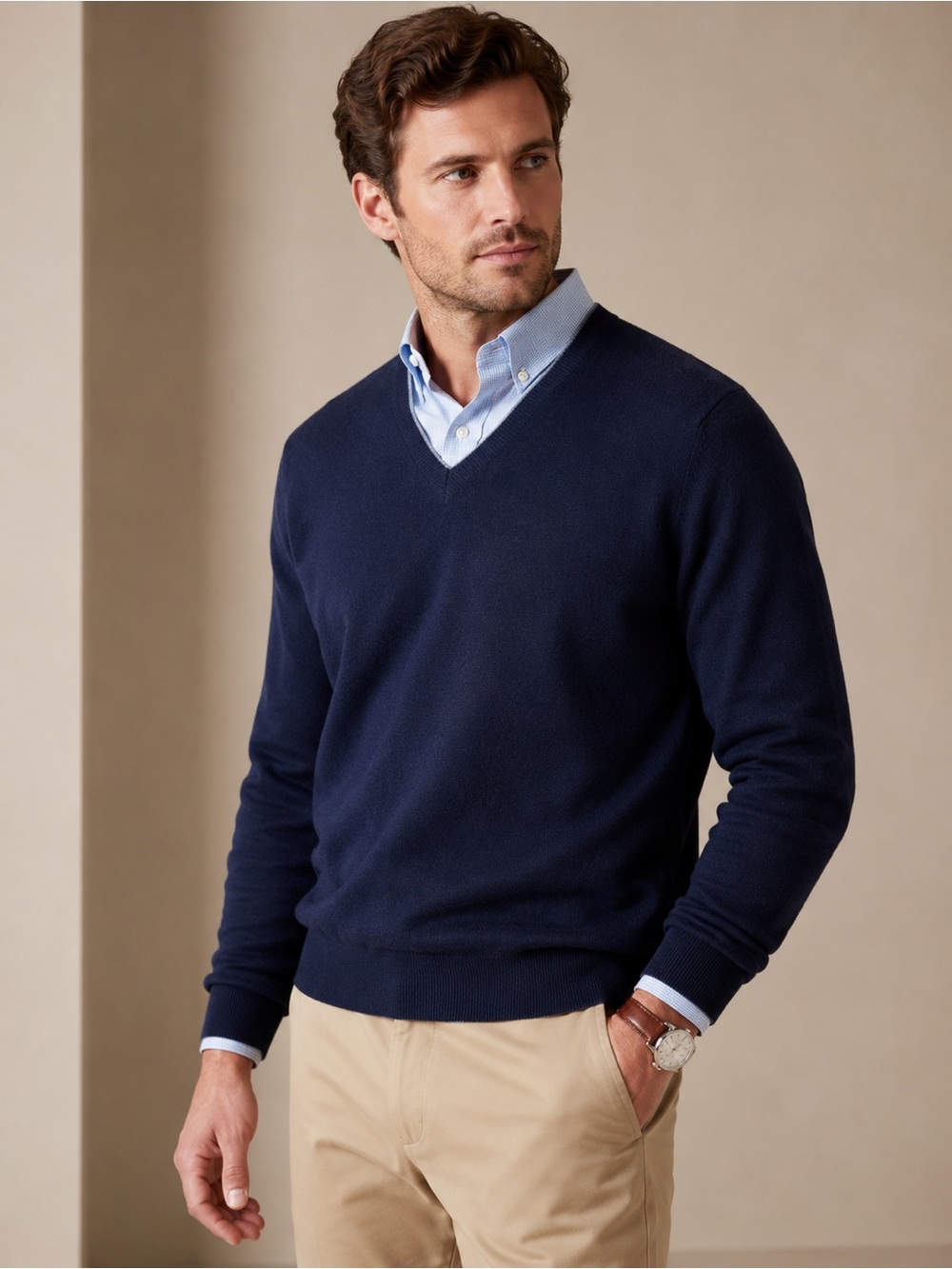 BARNEYS NEW YORK Wool Cashmere V-Neck Sweater Medium Navy Blue Made in Italy